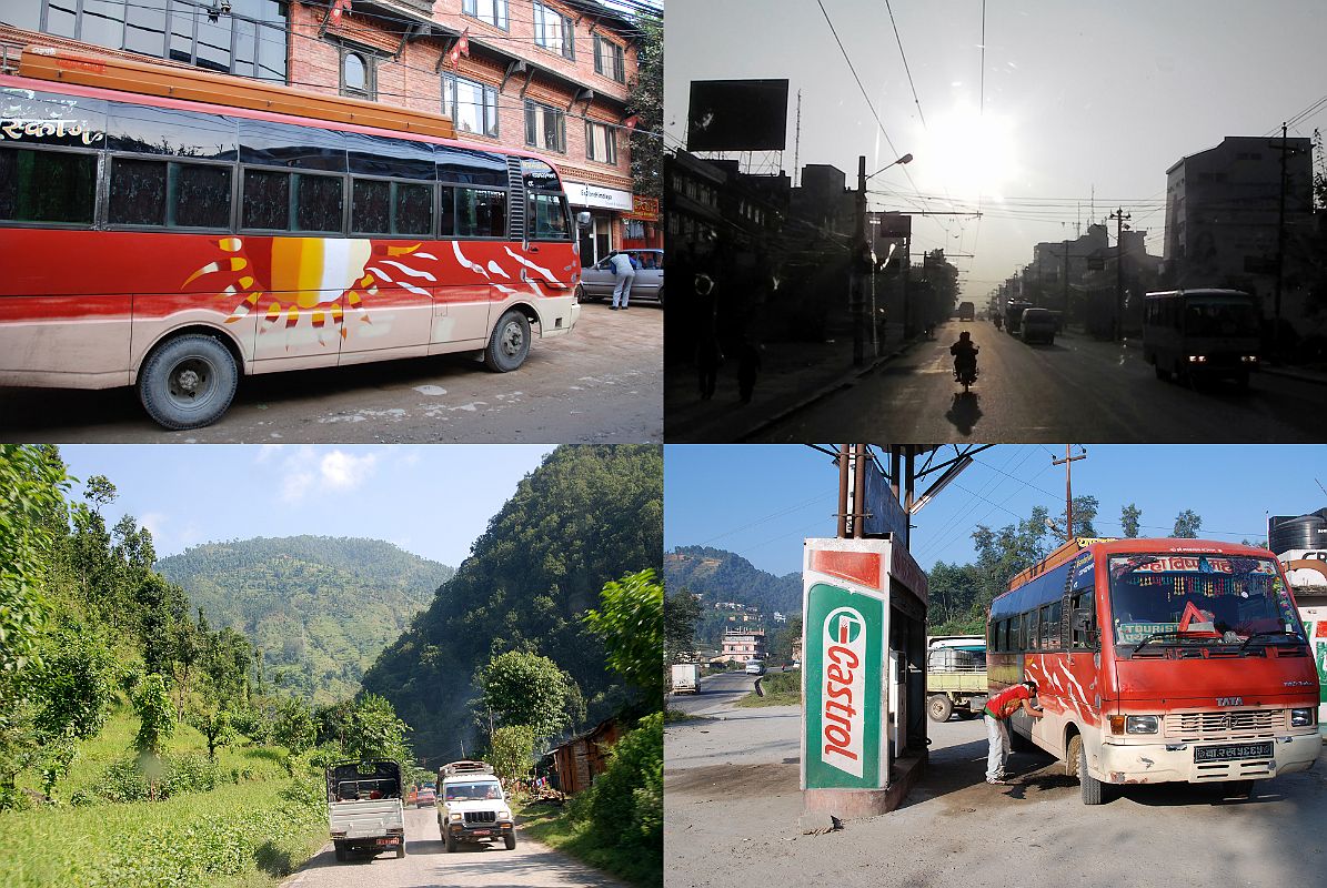 01 Bus Leaves Kathmandu In Early Morning, Stops For Gas and Drives Along Arniko Highway Towards Tibet We board our bus and drive out of Kathmandu in the early morning and drive through the verdant countryside before stopping for gas. The foothills along the road had stepped terraces which are used to cultivate crops.